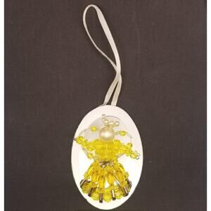 Vintage Beaded Angel Yellow Ornament Mirror 3" Pearl Handmade with Safety Pins